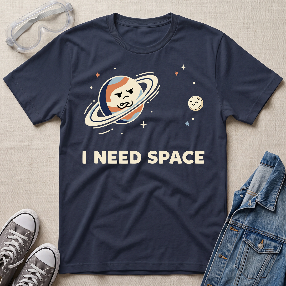A navy blue graphic t-shirt laid flat on a beige fabric background, styled with safety goggles, gray sneakers, and a denim jacket. The t-shirt features a cartoon graphic of a planet with a face and rings, stars, and the text 'I NEED SPACE' in cream.