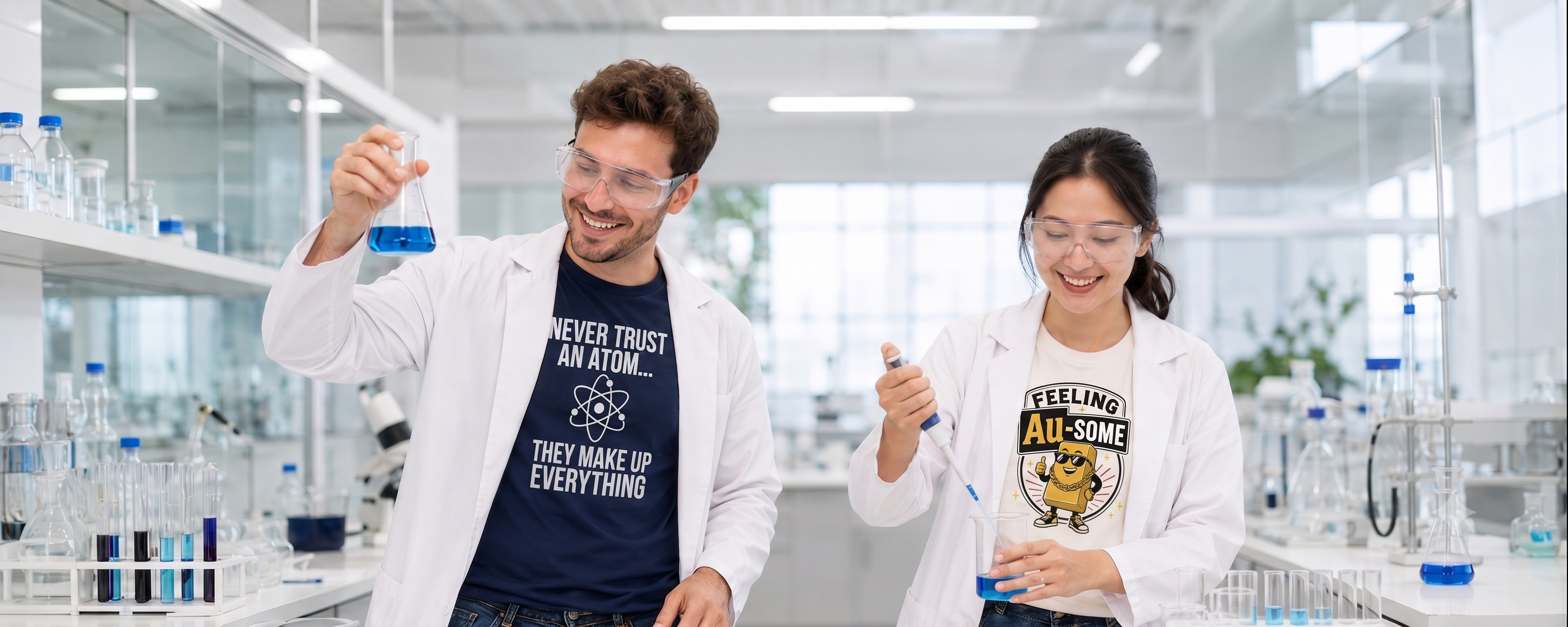 Two students in white lab coats and safety goggles smile in a bright chemistry lab, holding test tubes. The male student wears a navy blue t-shirt with a white graphic print saying 'Never Trust An Atom' and atom graphic, and 'They Make Everything Up', and the female student wears a white graphic t-shirt with a cartoon gold bar and the words 'FEELING AU-SOME'.