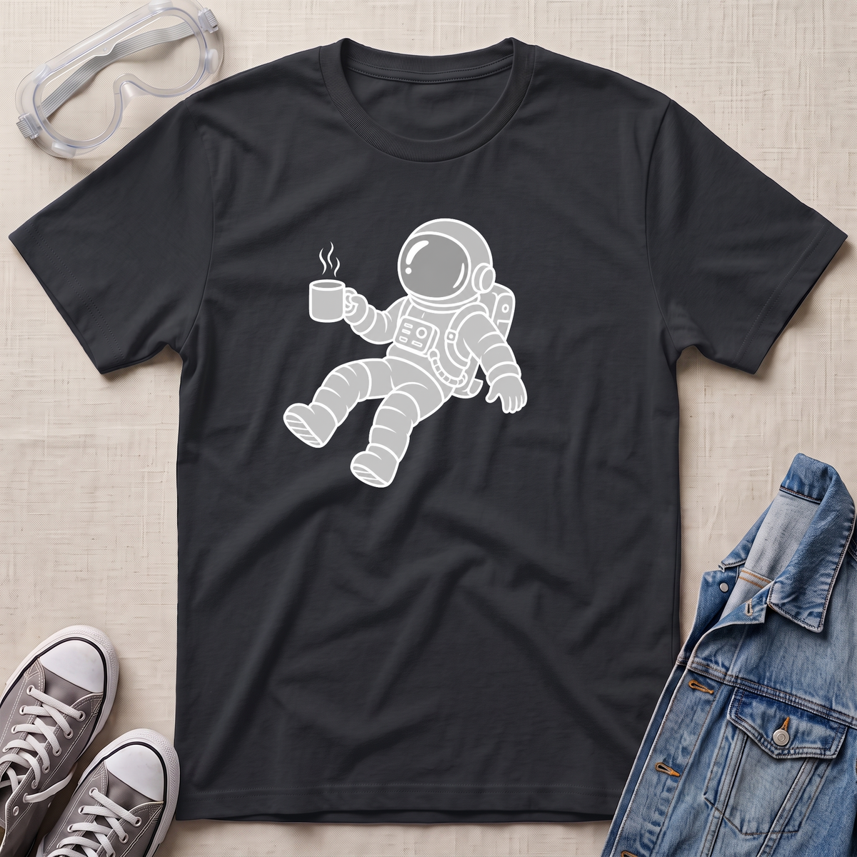 A black crewneck t-shirt featuring a white graphic of an astronaut floating and holding a steaming mug. The t-shirt is styled in a flat-lay arrangement on a textured beige background, surrounded by props including safety goggles, gray sneakers, and a denim jacket.