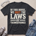 A black graphic t-shirt laid flat on a beige textured background, styled with safety goggles, gray sneakers, and a denim jacket. The t-shirt features the text 'IN THIS HOUSE, WE OBey THE LAWS OF THERMODYNAMICS' in white and orange lettering.