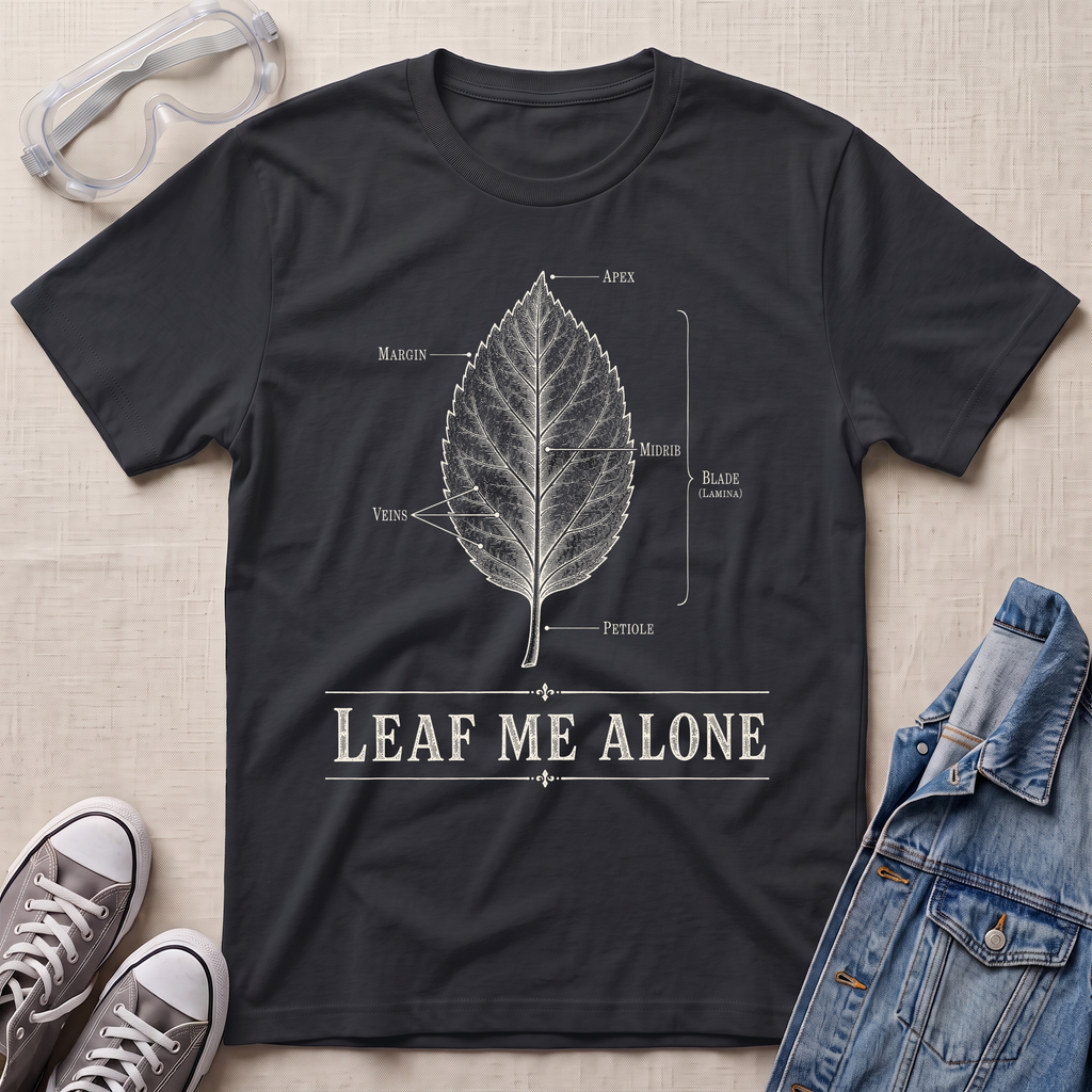 A black botanical t-shirt featuring a vintage labeled leaf anatomy illustration with the pun “Leaf Me Alone” in bold retro typography.