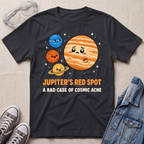 A black graphic t-shirt laid flat on a light beige textured surface, styled with safety glasses, gray sneakers, and a denim jacket. The t-shirt features a cartoon graphic of Jupiter and other planets with the text 'JUPITER'S RED_spot A BAD CASE OF COSMIC ACNE'.