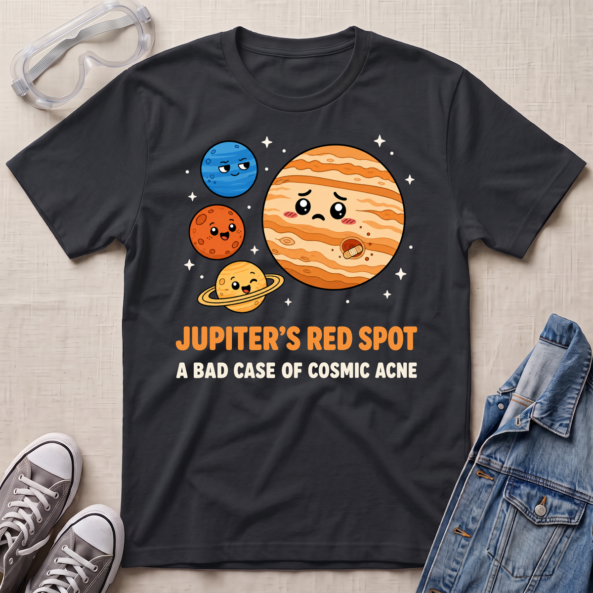 A black graphic t-shirt laid flat on a light beige textured surface, styled with safety glasses, gray sneakers, and a denim jacket. The t-shirt features a cartoon graphic of Jupiter and other planets with the text 'JUPITER'S RED_spot A BAD CASE OF COSMIC ACNE'.