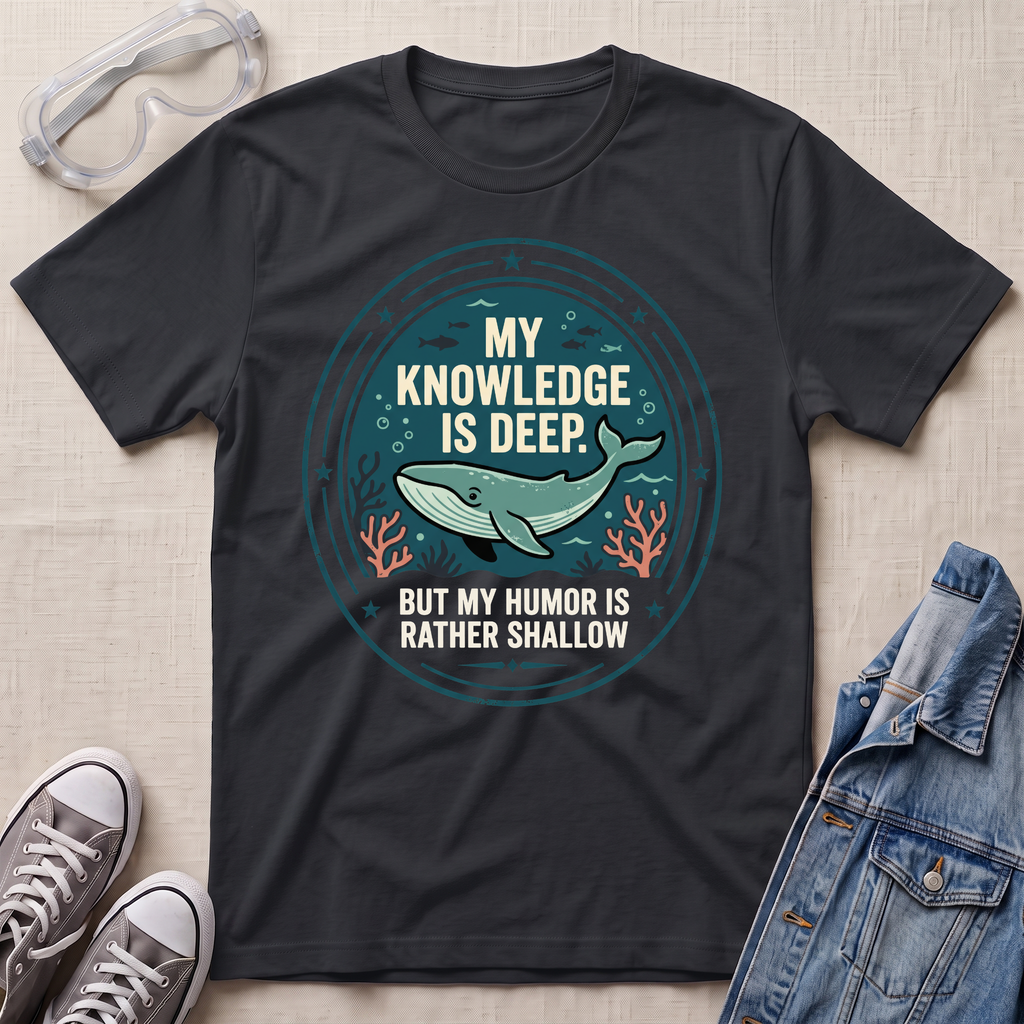 A black graphic t-shirt laid flat on a textured beige fabric background, styled with safety goggles, gray sneakers, and a denim jacket. The t-shirt features a circular graphic with a teal whale and the text 'MY KNOWLEDGE IS DEEP BUT MY HUMOR IS RATHER SHALLOW'.