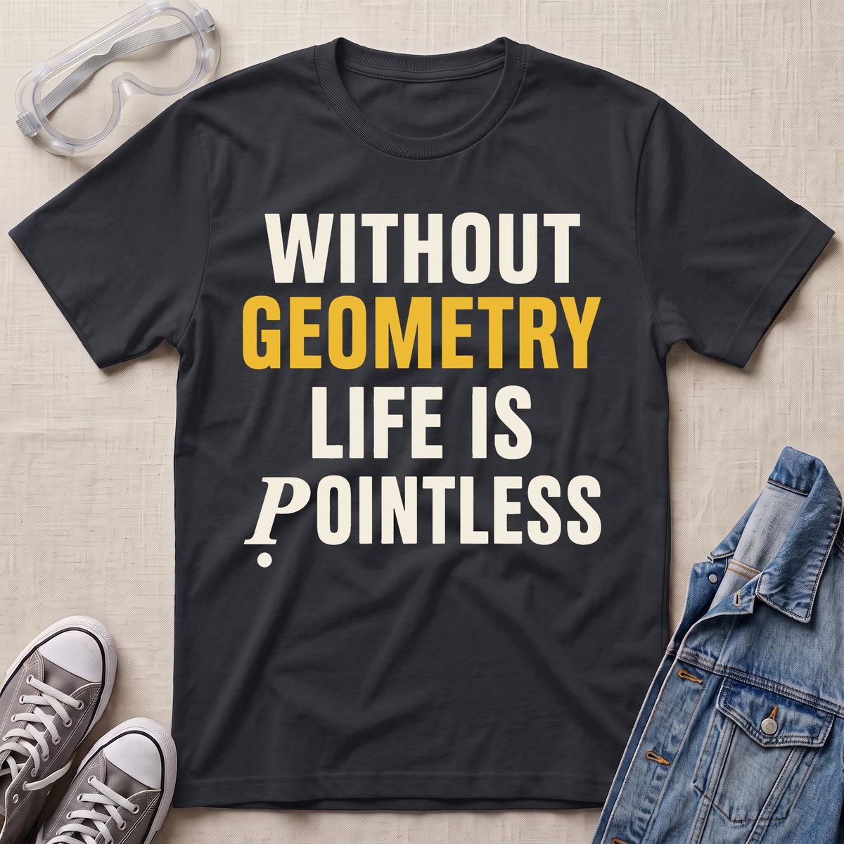 A black graphic t-shirt laid flat on a light beige textured background, surrounded by styling props including clear safety goggles, gray sneakers, and a blue denim jacket. The t-shirt features the text 'WITHOUT GEOMETRY LIFE IS POINTLESS' in bold white and yellow lettering.
