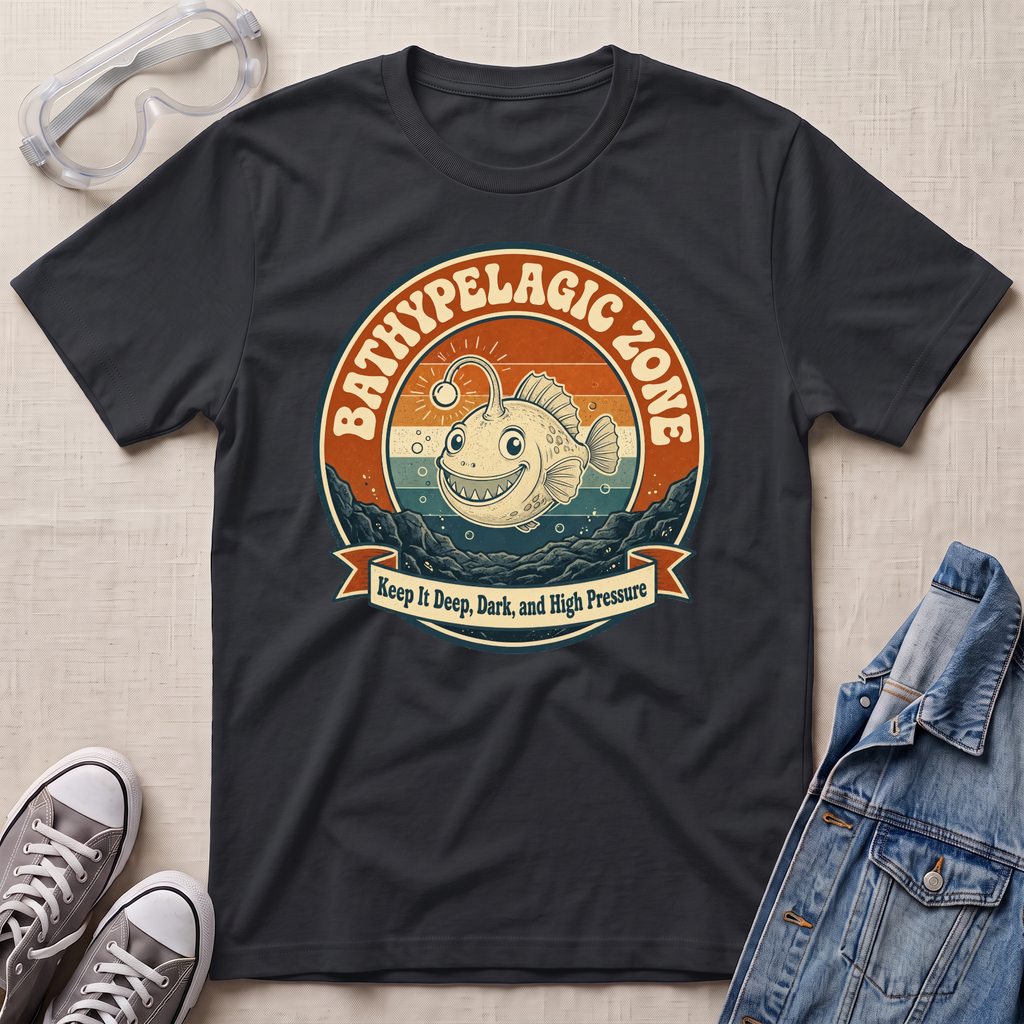 A black graphic t-shirt laid flat on a light beige textured background, styled with a pair of clear safety goggles, gray sneakers, and a blue denim jacket. The t-shirt features a retro-style circular graphic of a smiling fish in the bathypelagic zone with the text 'BATHYPELAGIC ZONE' and 'Keep it Deep, Dark, and High Pressure'.