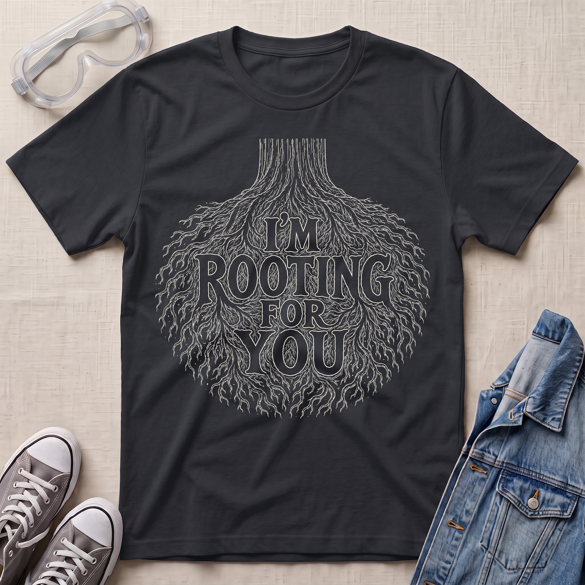 A black botanical t-shirt featuring an intricate tree root illustration with the pun “I’m Rooting For You” in bold vintage-style lettering.