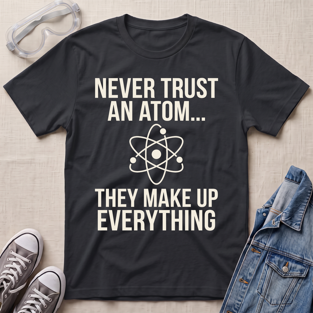 A black graphic t-shirt with white text reading 'NEVER TRUST AN ATOM.' and 'THEY MAKE UP EVERYTHING' with an image of an atom in between the texts.