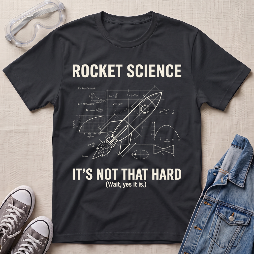 A black graphic t-shirt featuring white text and rocket science drawings, styled in a flat-lay with safety goggles, sneakers, and a denim jacket on a beige fabric background.