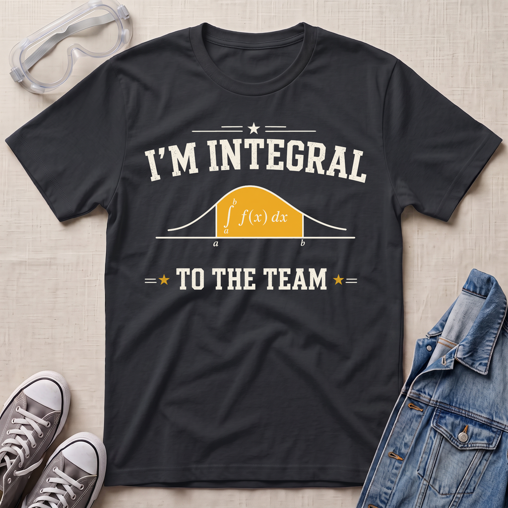 A navy blue graphic t-shirt laid flat on a beige fabric background, styled with safety goggles, gray sneakers, and a denim jacket. The t-shirt features a white graphic that reads 'I'M INTEGRAL TO THE TEAM' with a yellow integral curve diagram.