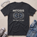 A black science t-shirt featuring a mitosis cell division diagram with “MITOSIS – We Need To Split” text, styled with lab goggles, sneakers, and a denim jacket.