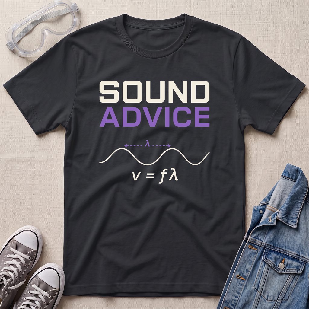 A black graphic t-shirt laid flat on a light beige textured background, styled with clear safety goggles, gray sneakers, and a blue denim jacket. The t-shirt features the text 'SOUND ADVICE' in white and purple, above a white sound wave diagram and the equation v = fϗϙ.