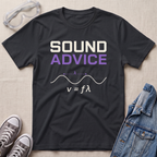 A black graphic t-shirt laid flat on a light beige textured background, styled with clear safety goggles, gray sneakers, and a blue denim jacket. The t-shirt features the text 'SOUND ADVICE' in white and purple, above a white sound wave diagram and the equation v = fϗϙ.