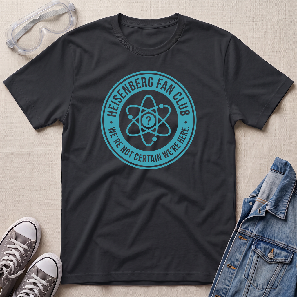 A black t-shirt laid flat on a light beige textured background, featuring a teal circular Heisenberg fan club graphic with an atom symbol and the text 'HEISENBERG FAN CLUB' and 'WE'RE NOT CERTAIN WE'RE HERE.' Surrounding props include safety goggles, gray sneakers, and a denim jacket.