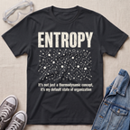 A black graphic t-shirt laid flat on a beige fabric background, styled with safety goggles, gray sneakers, and a denim jacket. The t-shirt features a white distressed graphic of the word 'ENTROPY' above a entropy pattern, with the text 'It's not just a thermodynamic concept, it's my default state of organization' below.