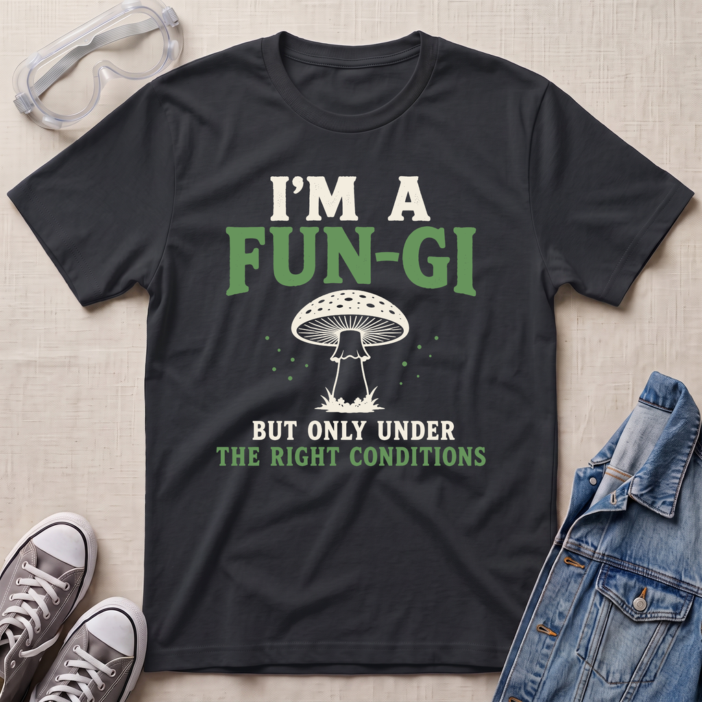 A black graphic t-shirt laid flat on a light beige textured background, styled with safety goggles, gray sneakers, and a denim jacket. The t-shirt features a white and green graphic of a mushroom with the text 'I'M A FUN-GI BUT ONLY UNDER THE RIGHT CONDITIONS'.