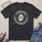 A black graphic t-shirt laid flat on a light beige textured background, styled with a pair of clear safety goggles, gray sneakers, and a blue denim jacket. The t-shirt features a circular graphic of an astronaut floating in space with the text 'TARDIGRADE SPACE EXPLORATION UNIT'.