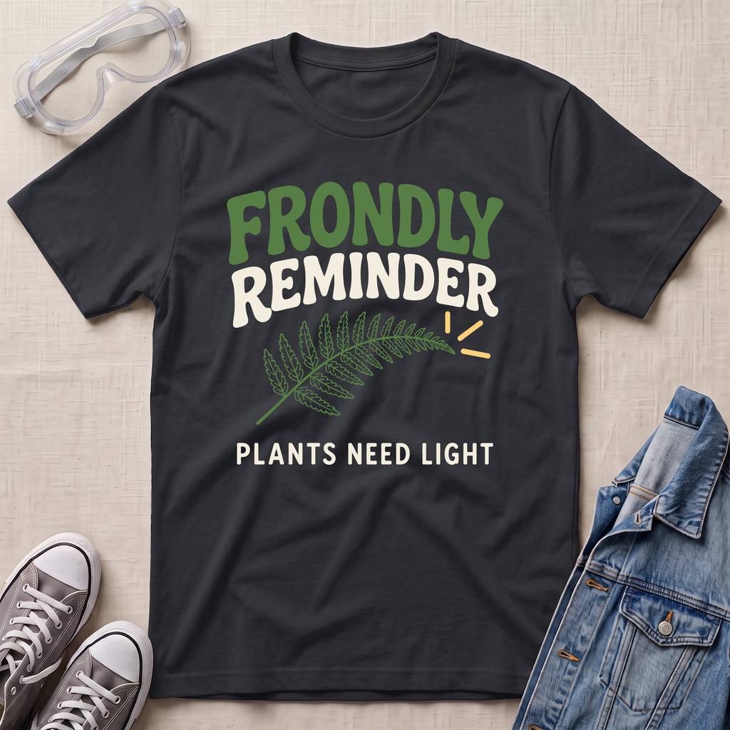 A black graphic t-shirt laid flat on a light beige textured background, styled with safety goggles, gray sneakers, and a denim jacket. The t-shirt features a green fern leaf graphic and the text 'FRONDLY REMINDER PLANTS NEED LIGHT' in green and white.