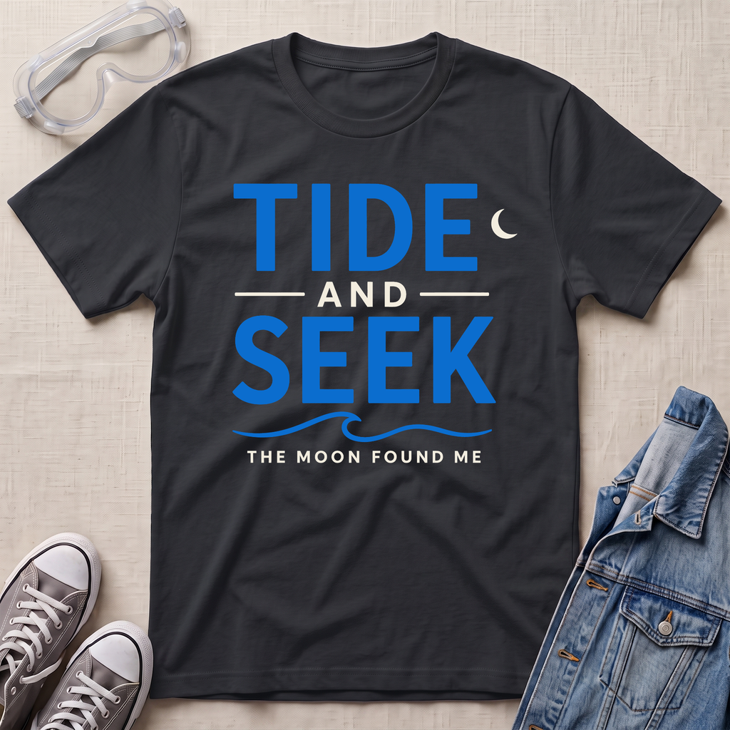 A black short-sleeve graphic T-shirt laid flat on a light beige textured surface, with safety glasses, gray sneakers, and a folded denim jacket around it. The shirt has large navy text reading 'TIDE AND SEEK' with smaller text 'THE MOON FOUND ME' and a crescent moon graphic.