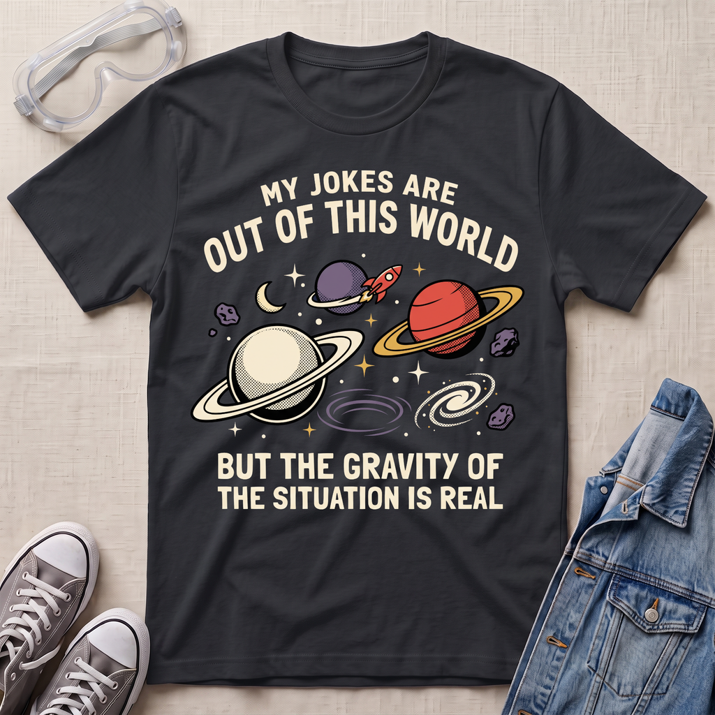 A black graphic t-shirt laid flat on a light beige textured surface, surrounded by styling props including clear safety glasses, gray sneakers, and a blue denim jacket. The t-shirt features a space-themed graphic with planets, stars, and the text 'MY JOKES ARE OUT OF THIS WORLD BUT THE GRAVITY OF THE SITUATION IS REAL'.
