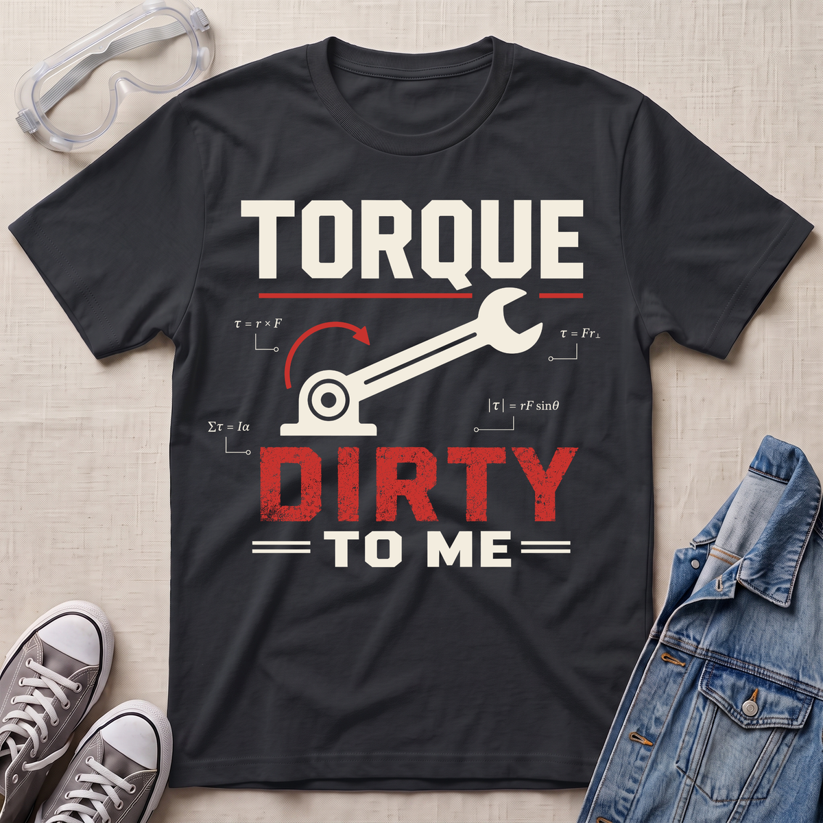 A black graphic T-shirt laid flat on a light beige fabric background, styled with safety glasses, gray sneakers, and a blue denim jacket. The shirt features a large white and red graphic with the words 'TORQUE DIRTY TO ME' and wrench/mechanical diagram elements.