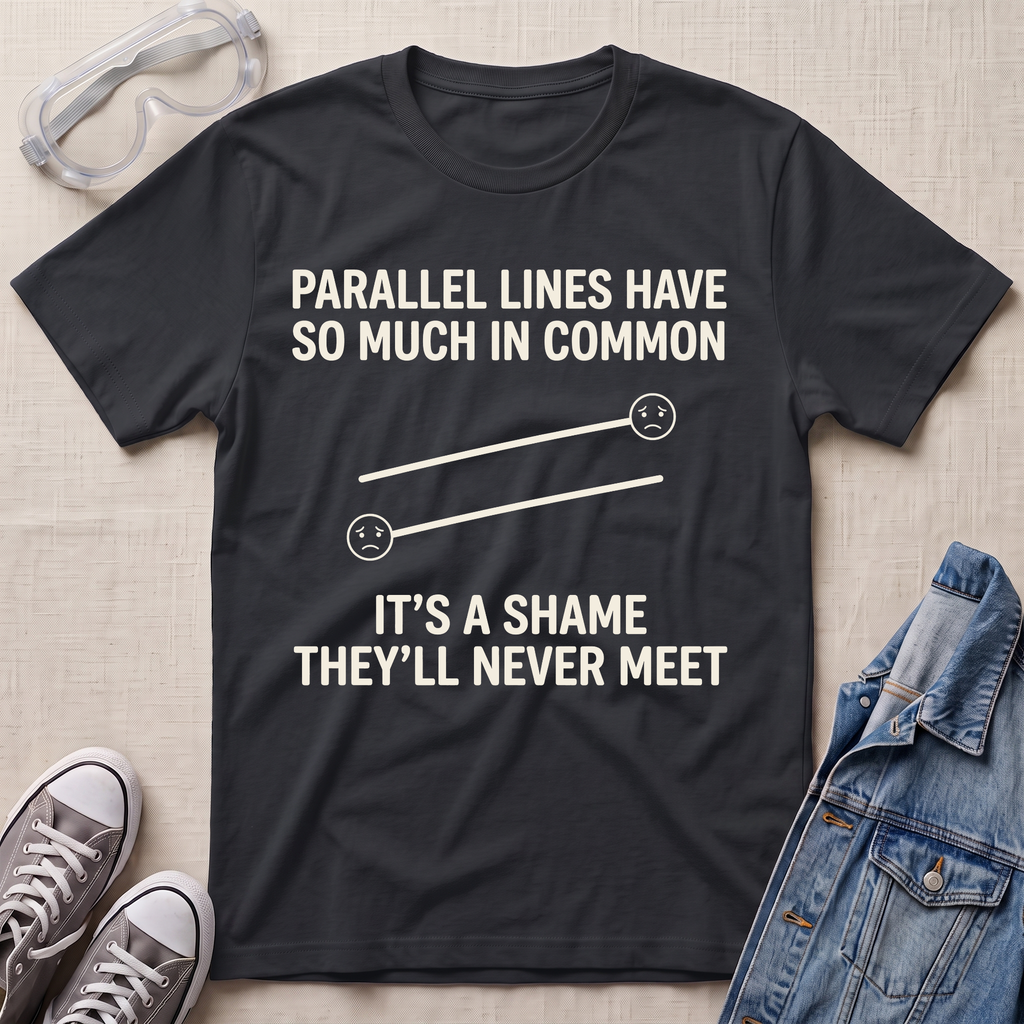A black graphic t-shirt laid flat on a beige textured background, surrounded by styling props including safety goggles, gray sneakers, and a denim jacket. The t-shirt features a white graphic of two parallel lines with sad faces and the text 'PARALLEL LINES HAVE SO MUCH IN COMMON IT'S A SHAME THEY'LL NEVER MEET'.