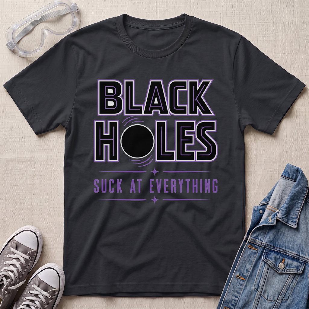 A black graphic t-shirt laid flat on a light beige textured background, styled with safety goggles, gray sneakers, and a blue denim jacket. The t-shirt features a graphic that reads 'BLACK HOLES SUCK AT EVERYTHING' in black and purple text with a black circle in the center.