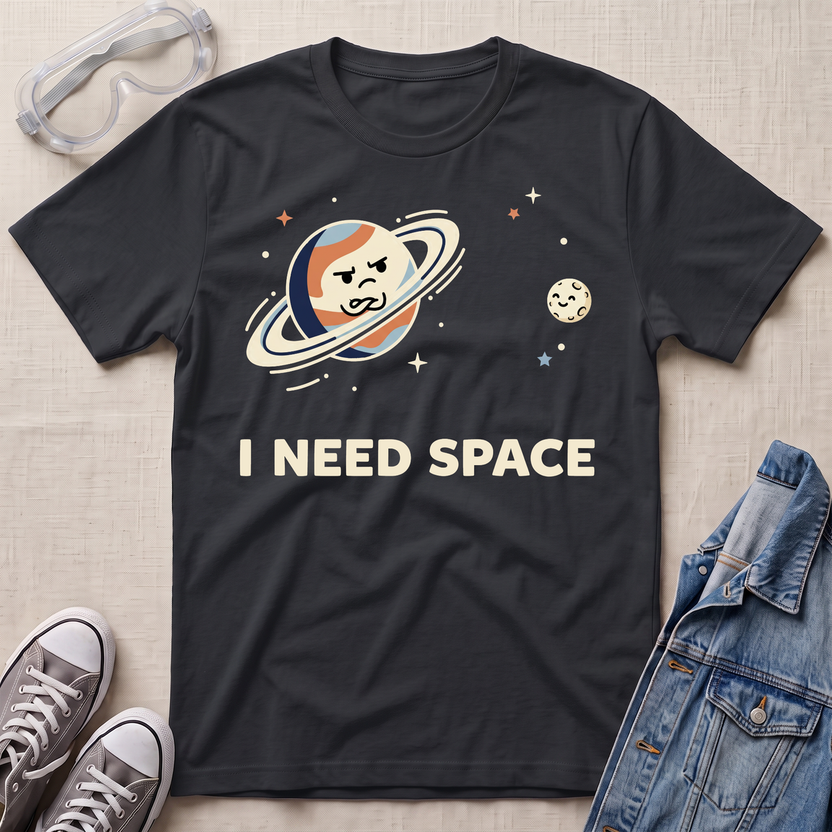 A black graphic t-shirt featuring a cartoon Saturn with a sad face and the text 'I NEED SPACE' in cream. The shirt is styled in a flat lay with safety goggles, gray sneakers, and a denim jacket on a light beige textured background.