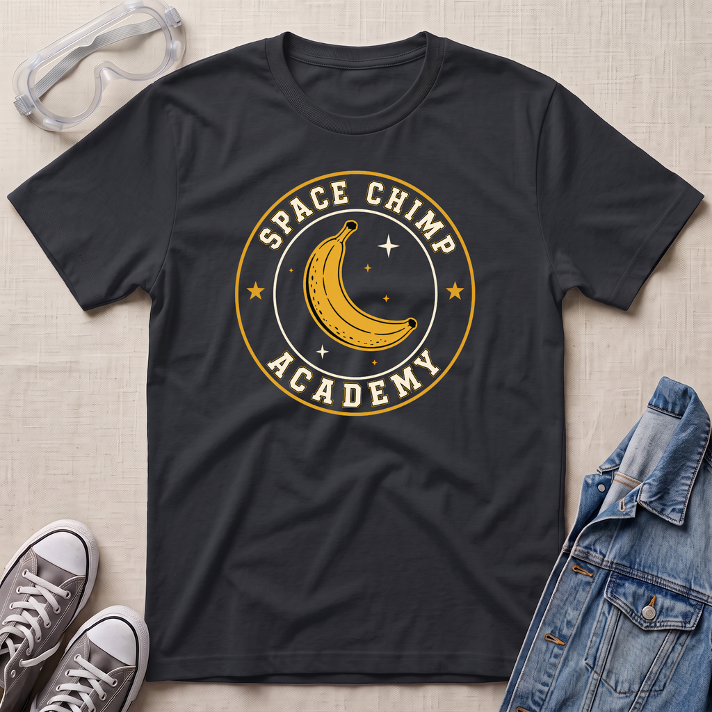A black t-shirt with a yellow and cream graphic reading 'SPACE CHIMP ACADEMY' around a crescent moon and stars. The shirt is styled in a flat lay with a pair of safety goggles, gray sneakers, and a denim jacket on a light beige textured background.