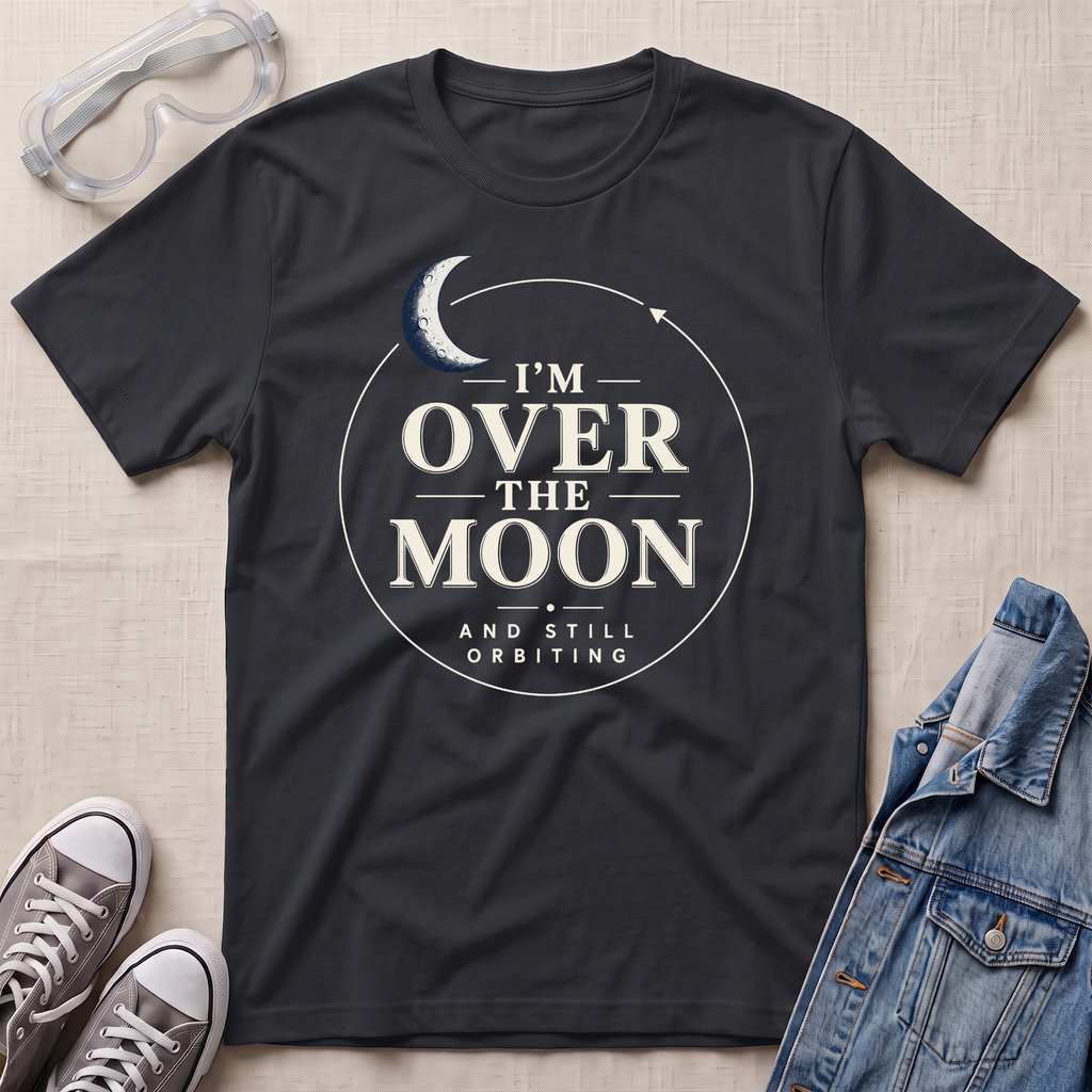 A black graphic t-shirt laid flat on a light beige textured background, surrounded by lifestyle props including clear safety goggles, gray sneakers, and a blue denim jacket. The t-shirt features a circular graphic with a crescent moon and the text 'I'M OVER THE MOON AND STILL ORBITING'.