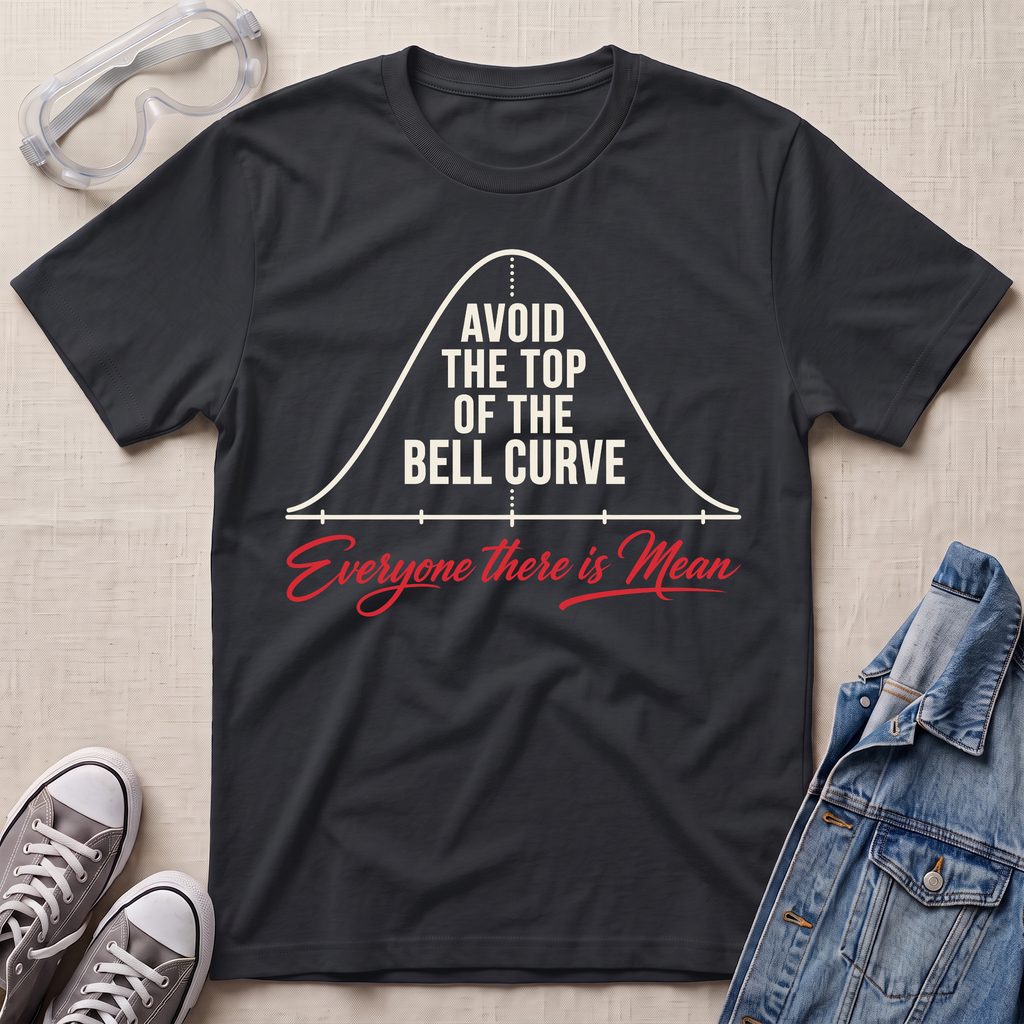A black graphic t-shirt laid flat on a light beige textured background, styled with safety goggles, gray sneakers, and a denim jacket. The t-shirt features a white bell curve graphic with the text 'AVOID THE TOP OF THE BELL CURVE' and red script text reading 'Everyone there is Mean'.