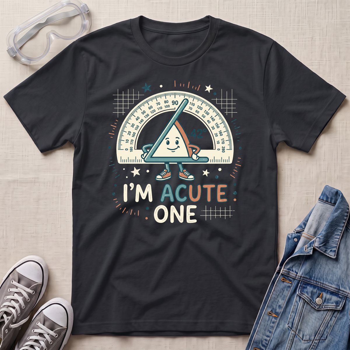 A black graphic t-shirt laid flat on a light beige textured background, surrounded by styled props including safety glasses, gray sneakers, and a blue denim jacket. The t-shirt features a cartoon triangle protractor character holding a ruler, with the text 'I'M ACUTE ONE.
