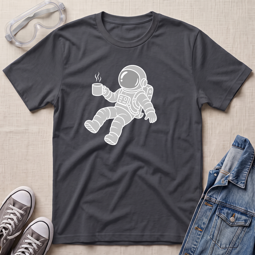 A charcoal gray t-shirt featuring a white line-art graphic of an astronaut floating and holding a steaming mug. The t-shirt is styled in a flat-lay arrangement on a light beige textured background, surrounded by props including safety goggles, gray sneakers, and a blue denim jacket.