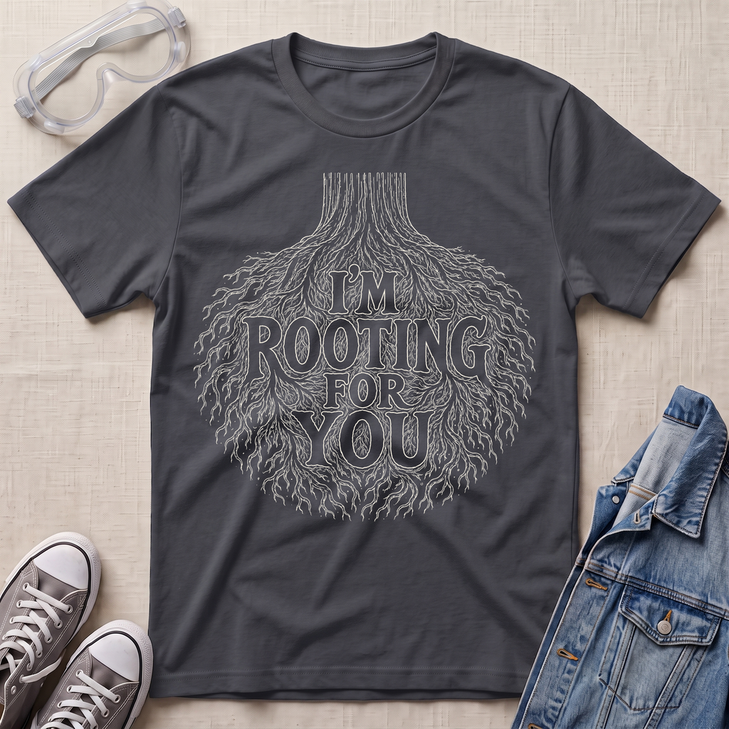 A dark charcoal grey botanical t-shirt featuring an intricate tree root illustration with the pun “I’m Rooting For You” in bold vintage-style lettering.
