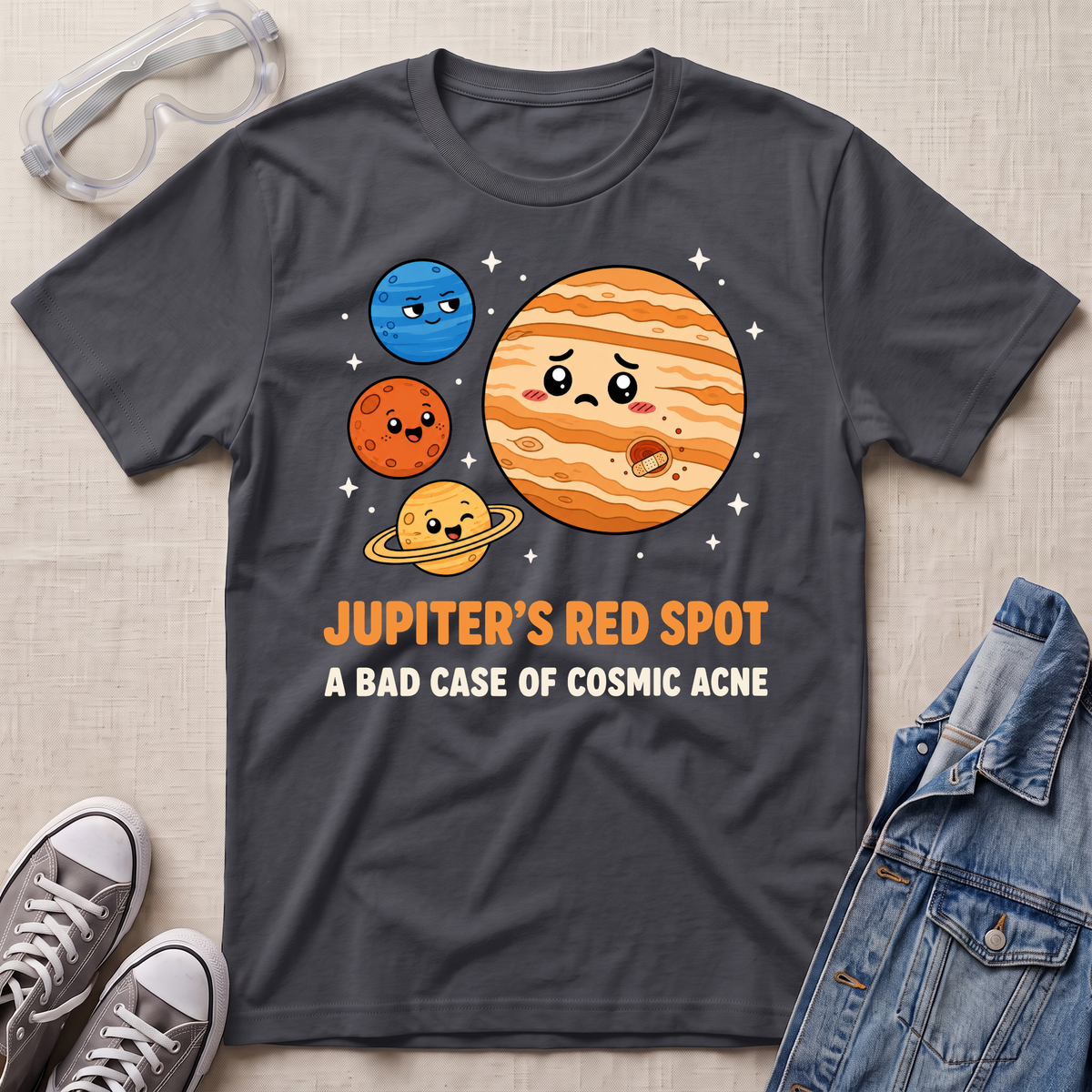 A dark charcoal gray graphic t-shirt laid flat on a light beige textured background, styled with clear safety goggles, gray sneakers, and a blue denim jacket. The t-shirt features a cartoon graphic of Jupiter and other planets with the text 'JUPITER'S RED_spot A BAD CASE OF COSMIC ACNE'.