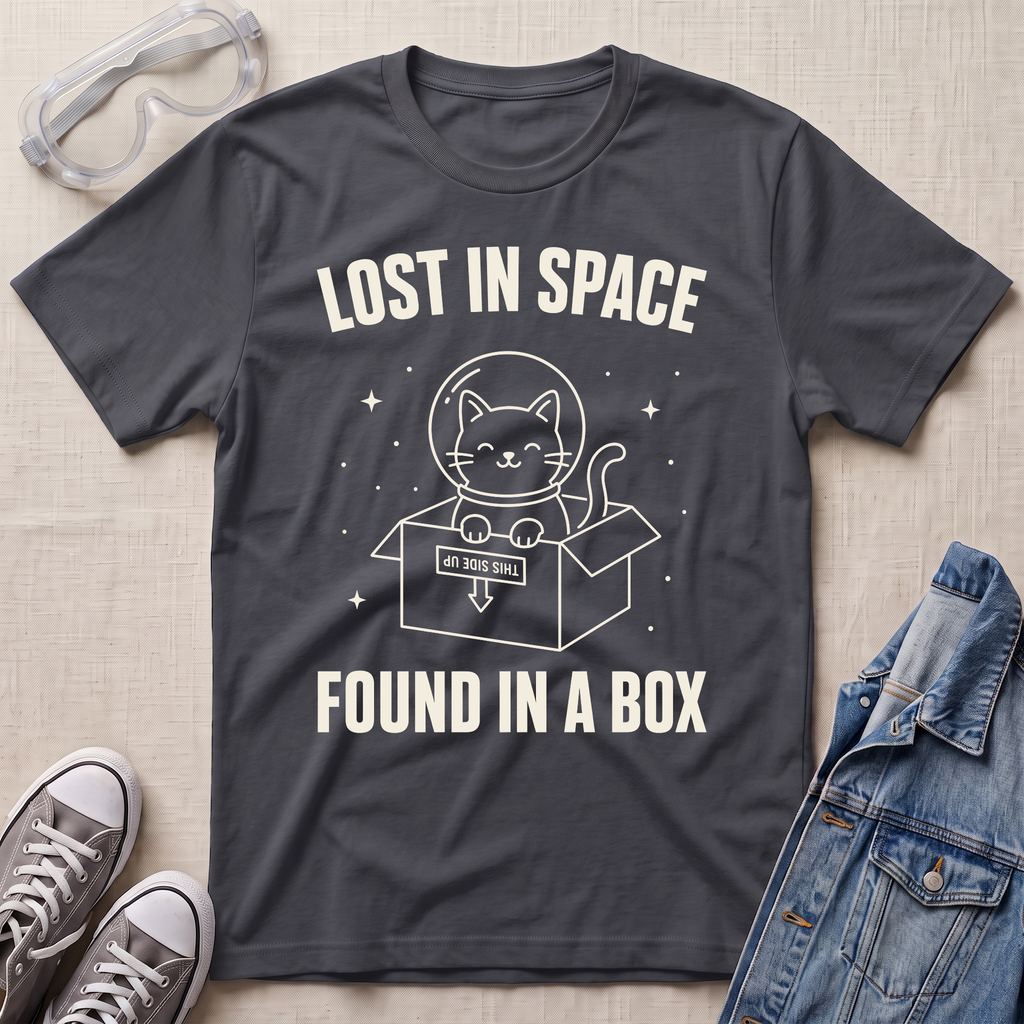 A charcoal gray graphic t-shirt laid flat on a beige fabric background, surrounded by styling props including clear safety glasses, gray sneakers, and a blue denim jacket. The t-shirt features a white graphic of a cat inside a box with a helmet and the text 'LOST IN SPACE FOUND IN A BOX'.