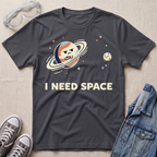 A charcoal gray graphic t-shirt featuring a cartoon Saturn with a sad face and the text 'I NEED SPACE' in cream. The shirt is styled in a flat-lay arrangement on a light beige textured background, surrounded by props including safety goggles, gray sneakers, and a denim jacket.