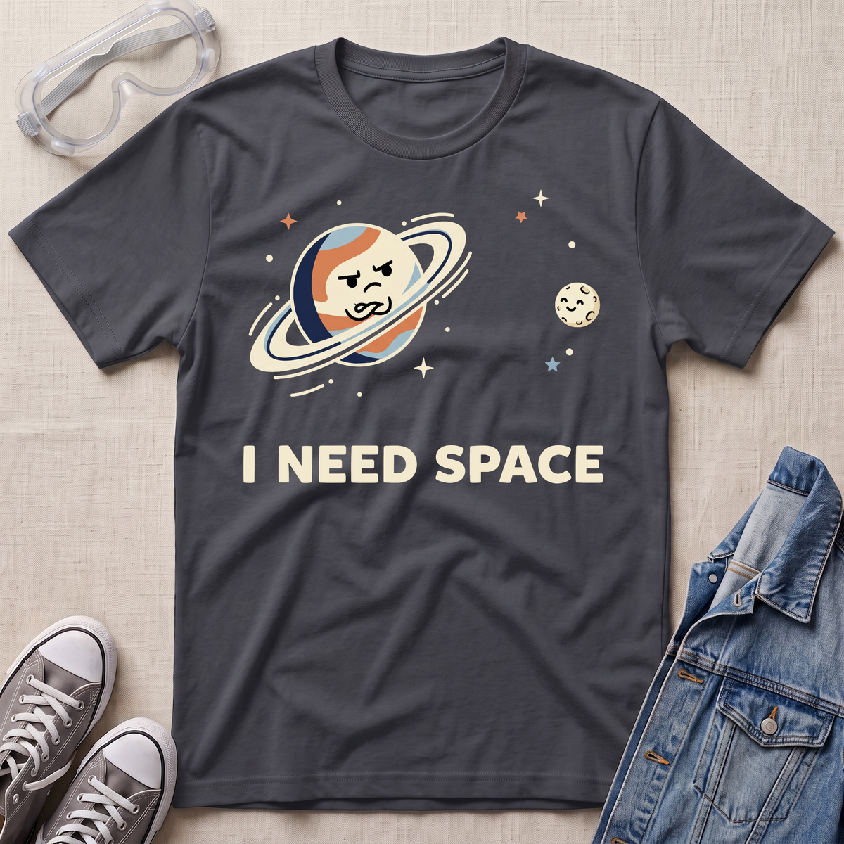 A charcoal gray graphic t-shirt featuring a cartoon Saturn with a sad face and the text 'I NEED SPACE' in cream. The shirt is styled in a flat-lay arrangement on a light beige textured background, surrounded by props including safety goggles, gray sneakers, and a denim jacket.
