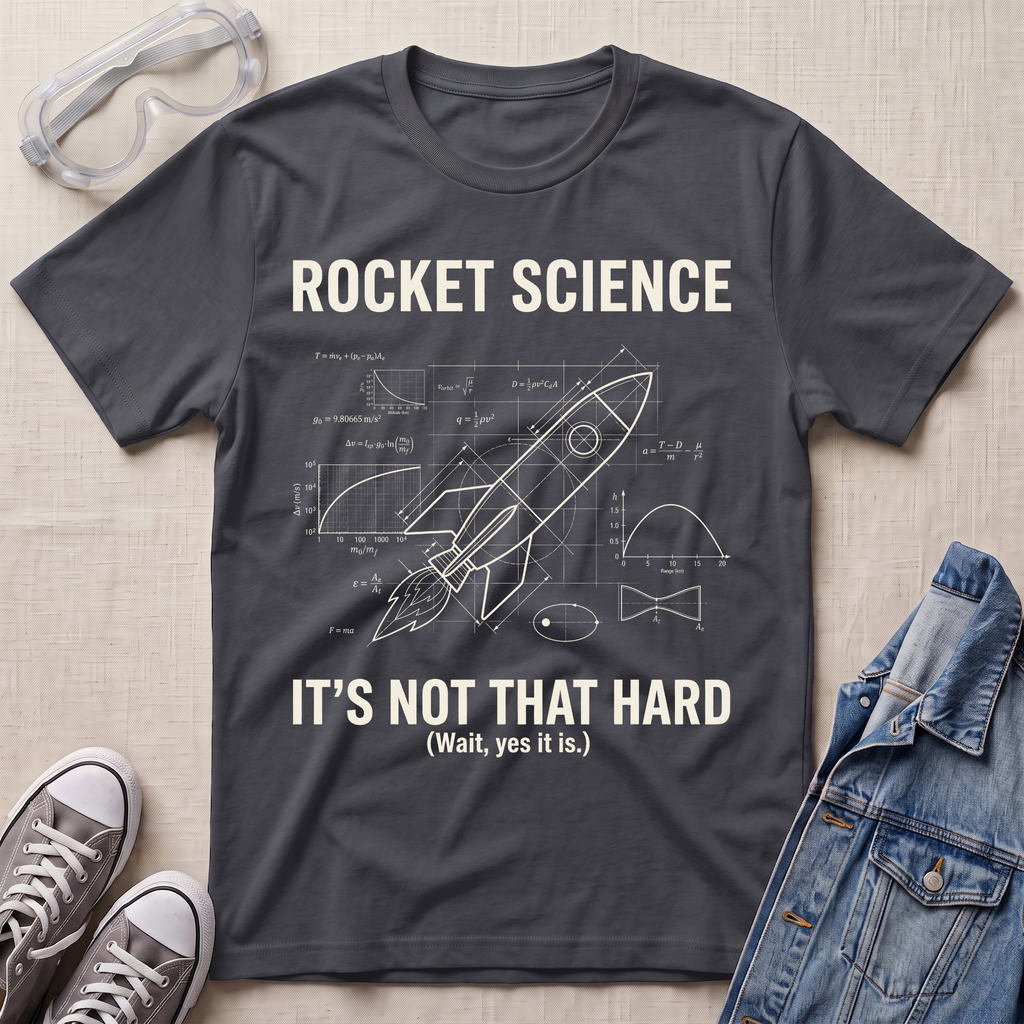 A charcoal gray graphic t-shirt featuring a white rocket science blueprint design with the text 'ROCKET SCIENCE IT'S NOT THAT HARD (Wait, yes it is.)' laid flat on a beige fabric background, styled with safety goggles, sneakers, and a denim jacket.