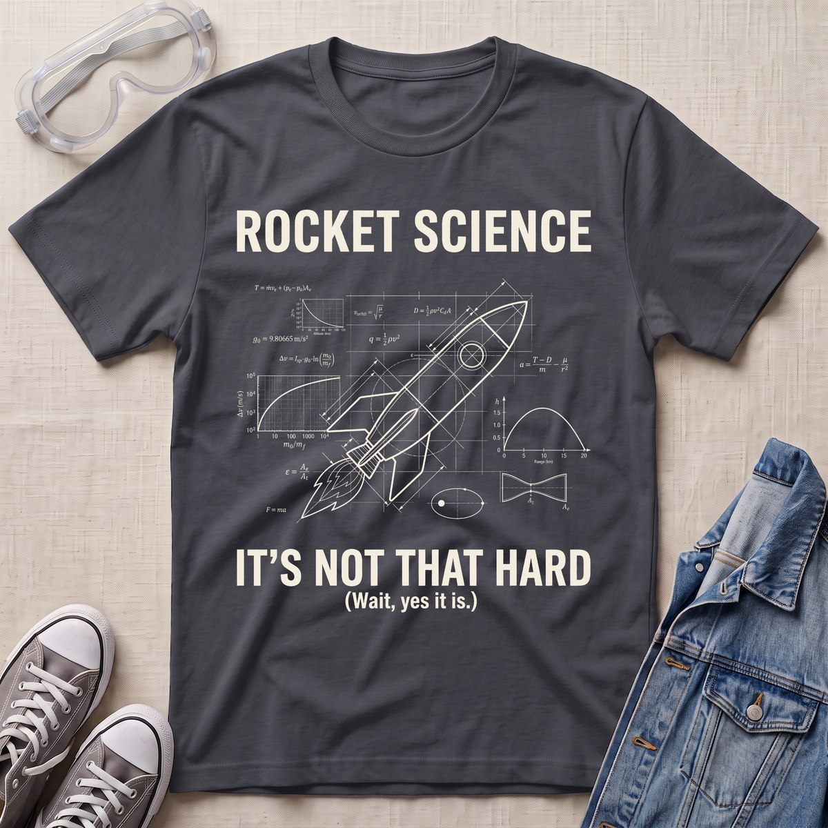 A charcoal gray graphic t-shirt featuring a white rocket science blueprint design with the text 'ROCKET SCIENCE IT'S NOT THAT HARD (Wait, yes it is.)' laid flat on a beige fabric background, styled with safety goggles, sneakers, and a denim jacket.