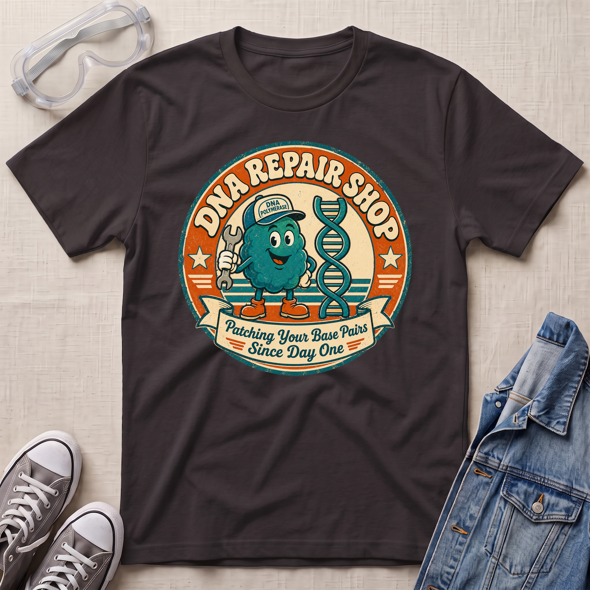 A dark chocolate brown graphic t-shirt laid flat on a light beige textured background, surrounded by lifestyle props including safety goggles, gray sneakers, and a denim jacket. The t-shirt features a circular retro-style graphic of a teal cartoon DNA molecule wearing a cap and holding a wrench, with the text 'DNA REPAIR SHOP' and 'Patching Your Base Pairs Since Day One'.