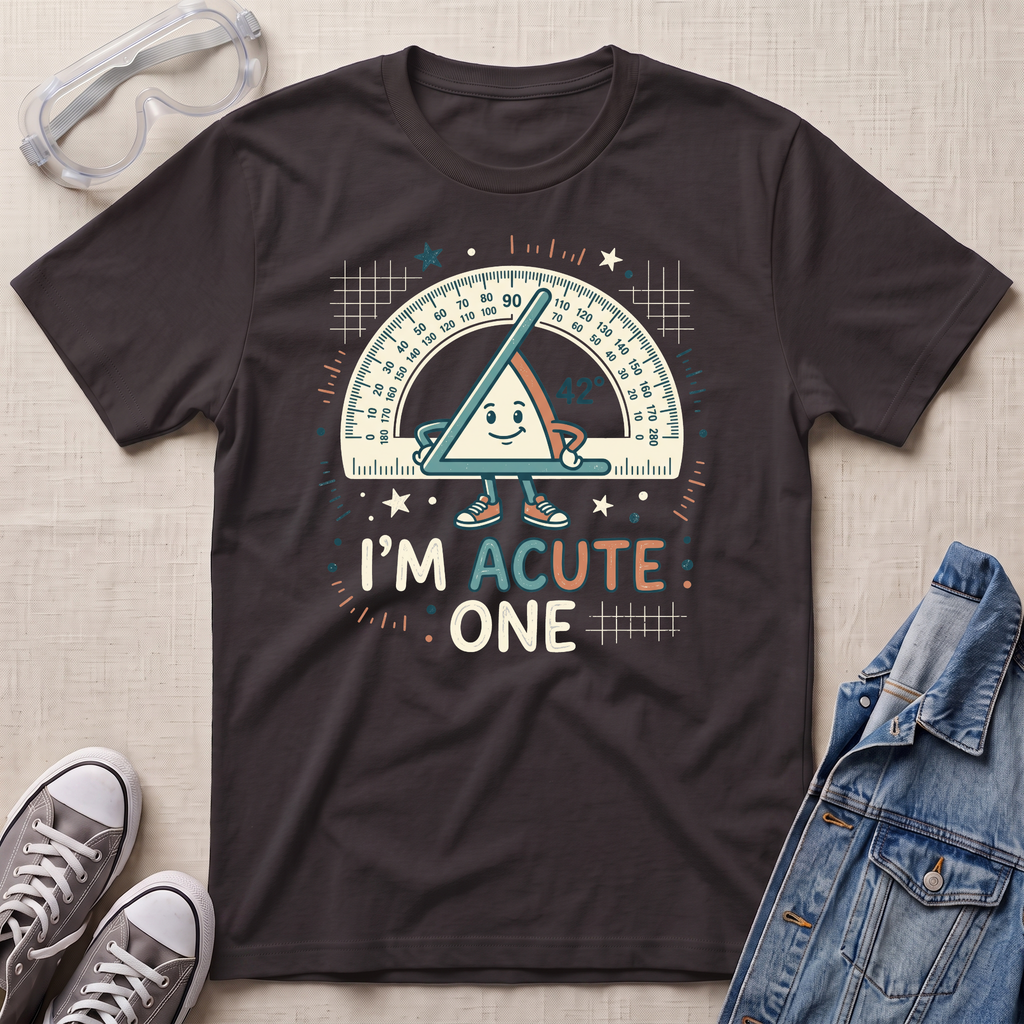 A dark chocolate brown graphic t-shirt laid flat on a light beige textured background, surrounded by styling props including safety goggles, gray sneakers, and a blue denim jacket. The t-shirt features a cartoon triangle protractor character and the text 'I'M ACUTE ONE.
