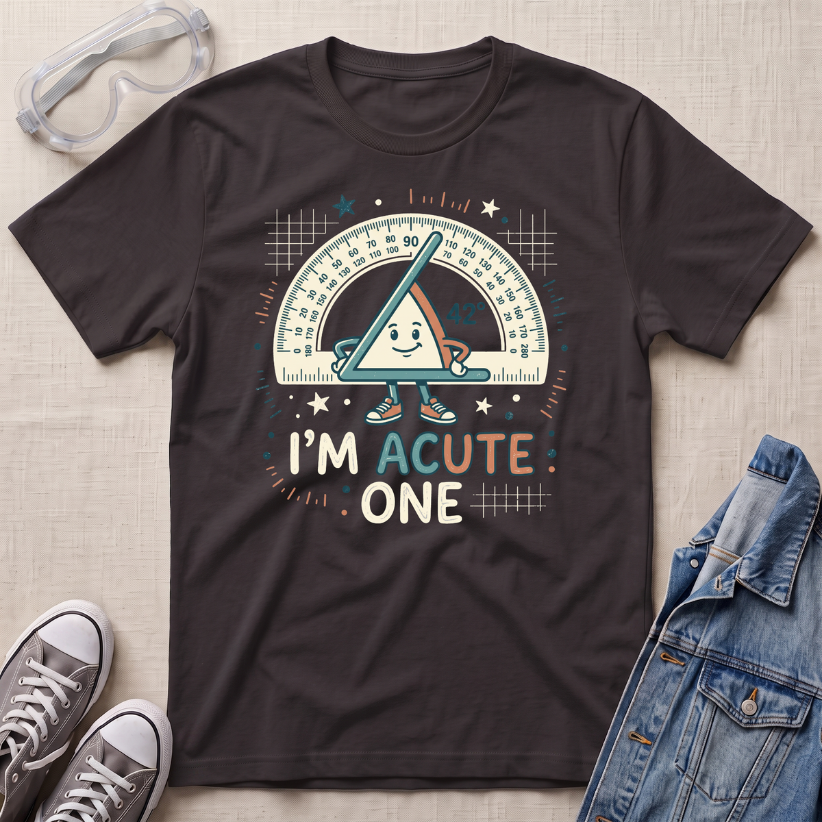 A dark chocolate brown graphic t-shirt laid flat on a light beige textured background, surrounded by styling props including safety goggles, gray sneakers, and a blue denim jacket. The t-shirt features a cartoon triangle protractor character and the text 'I'M ACUTE ONE.