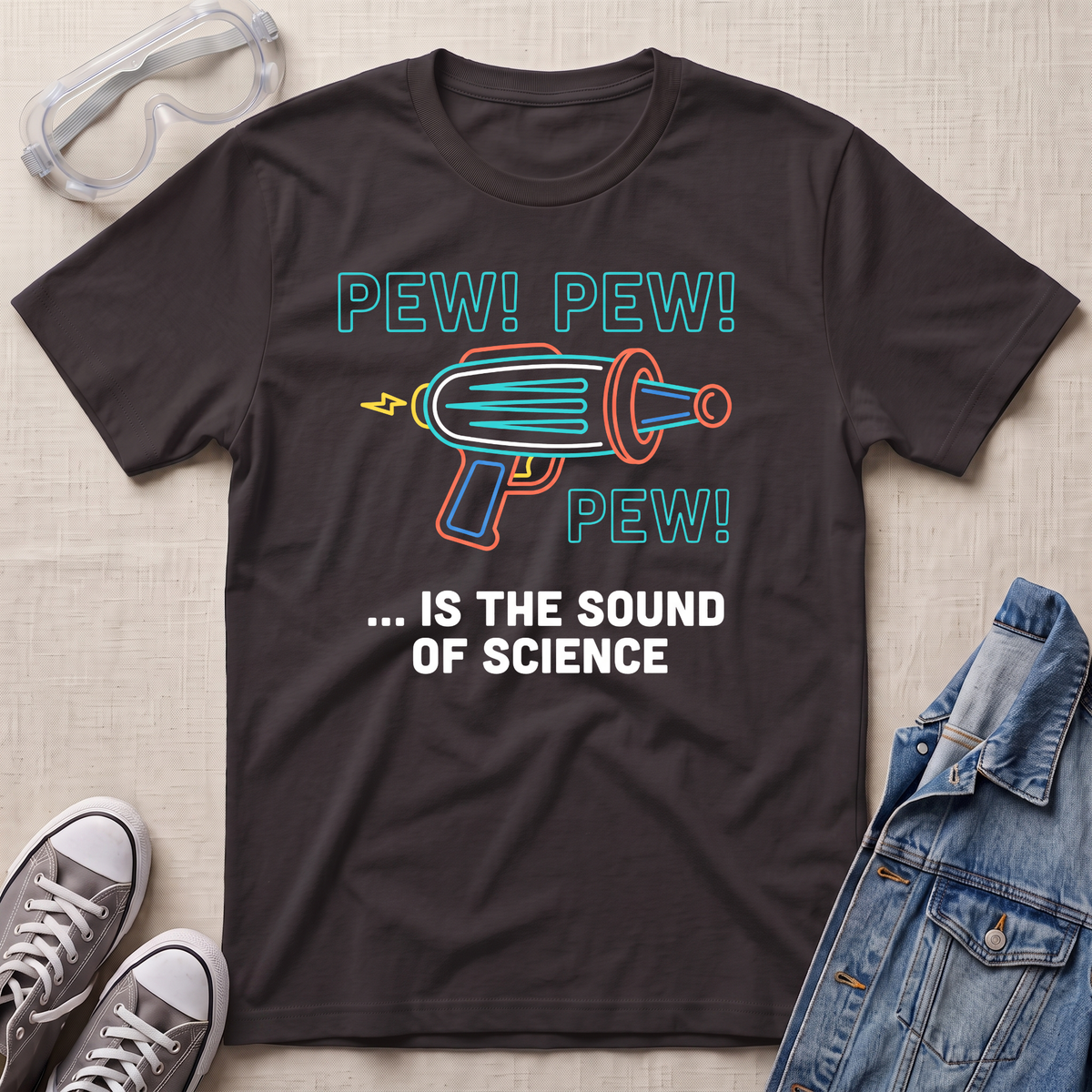 A dark chocolate brown graphic t-shirt laid flat on a light beige fabric background, styled with safety goggles, gray sneakers, and a denim jacket. The t-shirt features a colorful retro toy gun illustration with the text 'PEW! PEW! PEW! ... IS THE SOUND OF SCIENCE.'