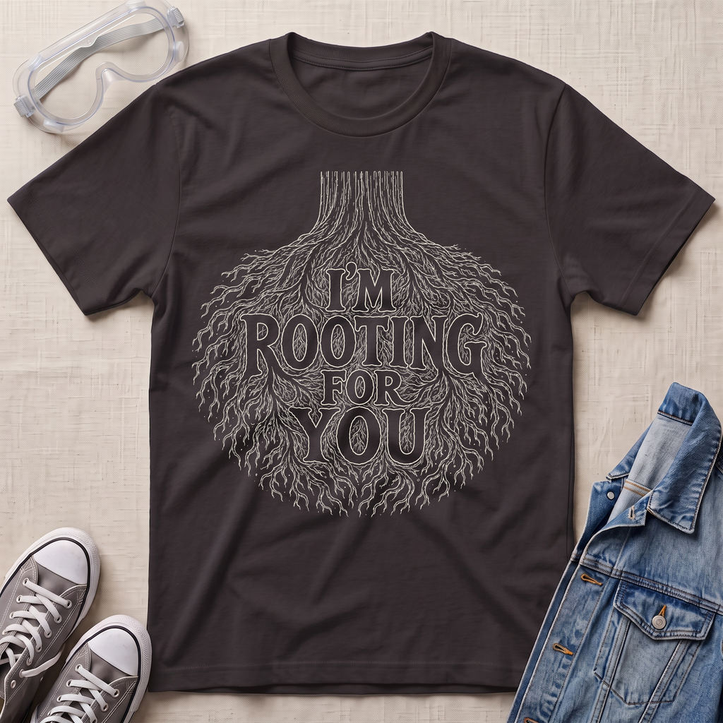 A dark chocolate brown botanical t-shirt featuring an intricate tree root illustration with the pun “I’m Rooting For You” in bold vintage-style lettering.
