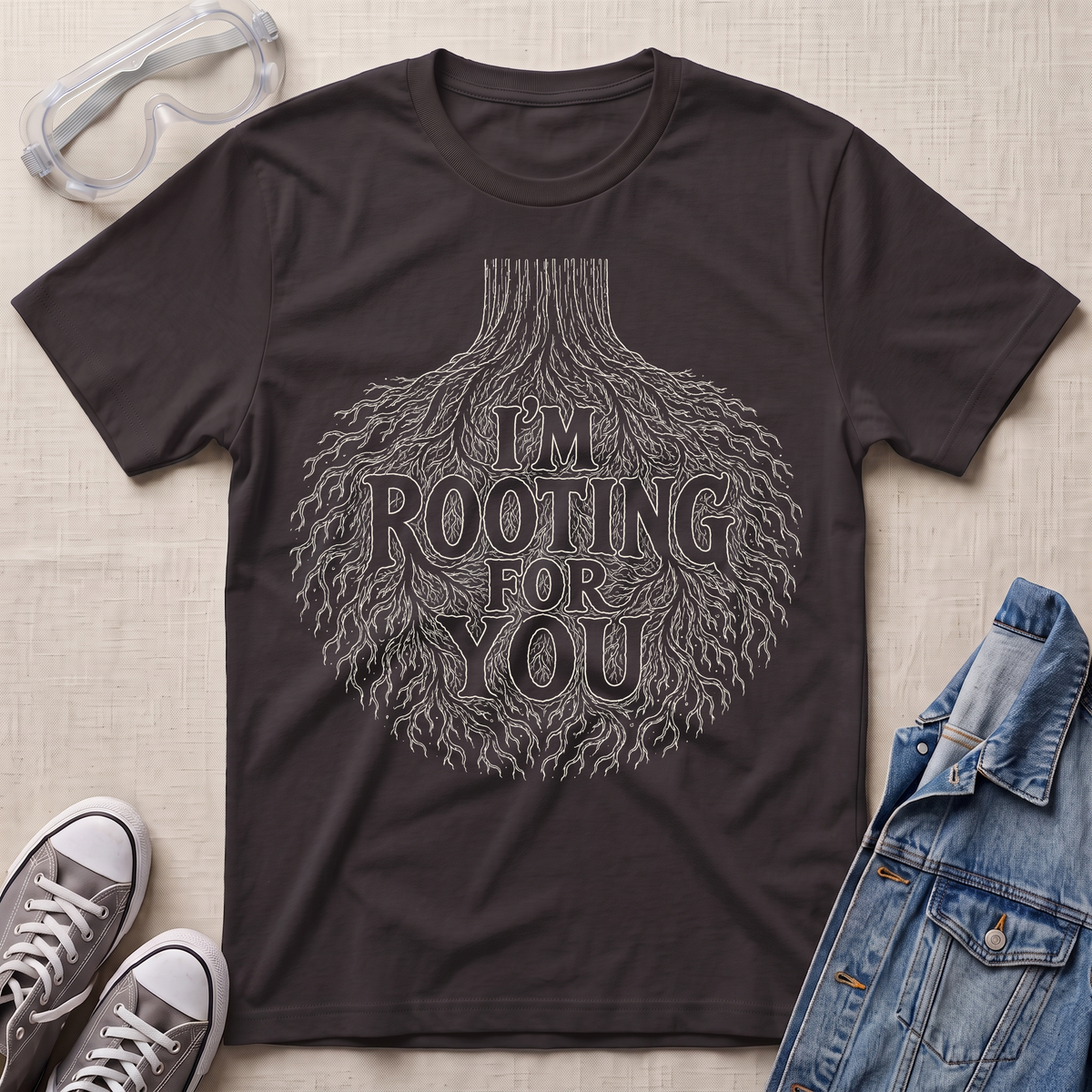 A dark chocolate brown botanical t-shirt featuring an intricate tree root illustration with the pun “I’m Rooting For You” in bold vintage-style lettering.
