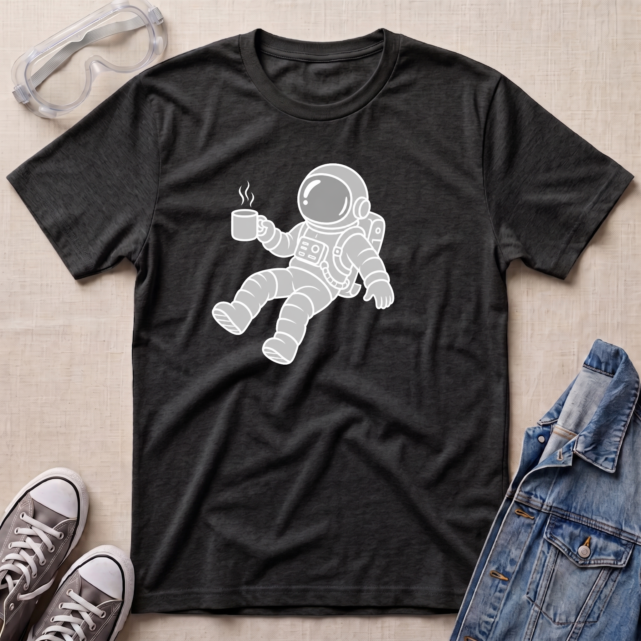 A dark heather grey t-shirt with a white graphic of an astronaut floating and holding a steaming coffee mug. The t-shirt is styled in a flat-lay arrangement on a beige textured background, surrounded by props including safety goggles, gray sneakers, and a blue denim jacket.