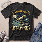 A dark heather graphic t-shirt laid flat on a beige fabric background, styled with safety glasses, gray sneakers, and a denim jacket. The t-shirt features a detailed space-themed graphic with a telescope, planets, stars, and text that reads 'THE ENTHUSIAST'S GUIDE TO ASTROPHYSICS'.