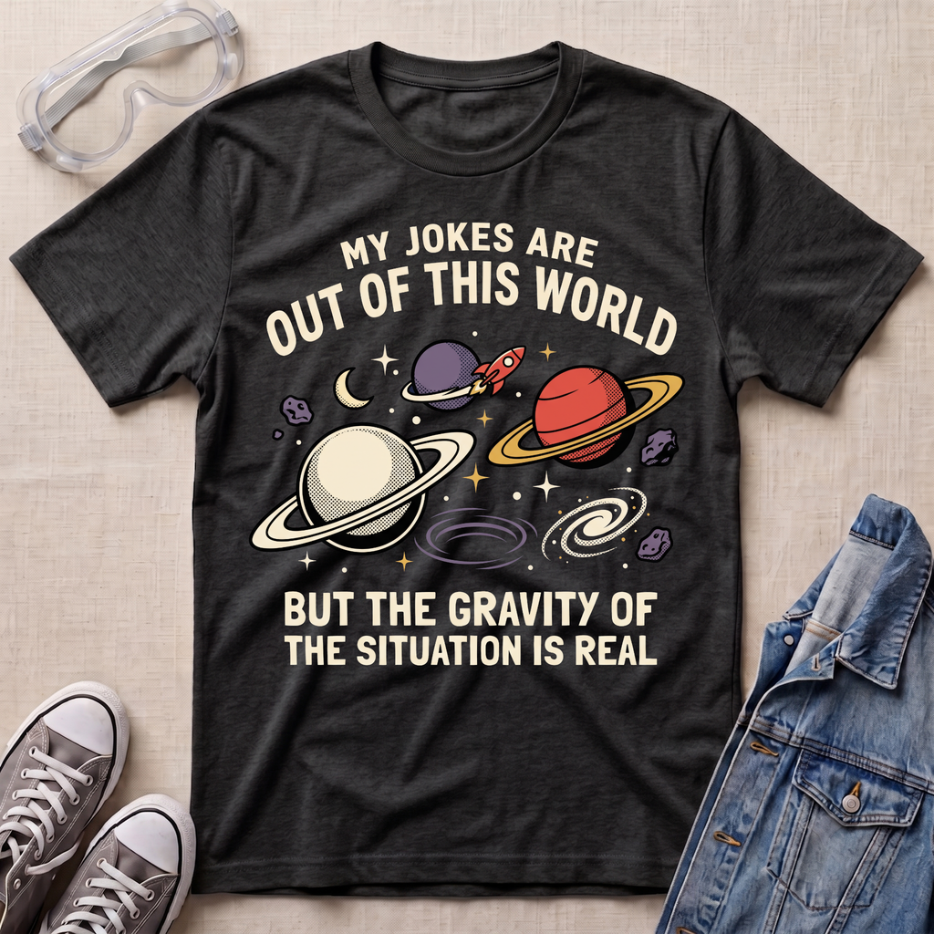 A dark heather gray graphic t-shirt laid flat on a beige textured background, styled with safety glasses, gray sneakers, and a denim jacket. The t-shirt features a humorous space-themed graphic with planets, stars, and the text 'MY JOKES ARE OUT OF THIS WORLD BUT THE GRAVITY OF THE SITUATION IS REAL'.