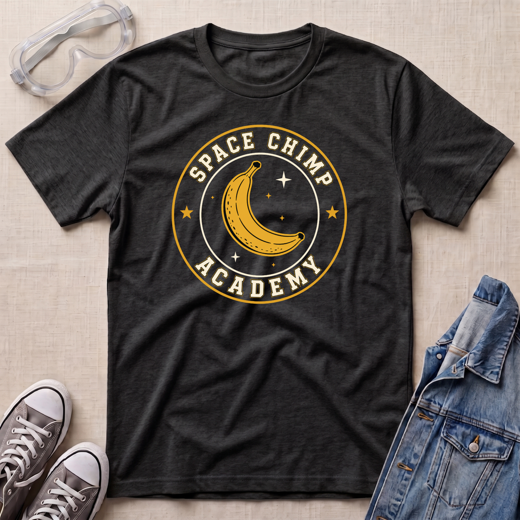 A dark heather gray graphic t-shirt laid flat on a beige textured background, styled with safety goggles, gray sneakers, and a denim jacket. The t-shirt features a circular graphic with a yellow banana and stars reading 'SPACE CHIMP ACADEMY'.